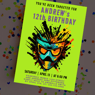 Invitation Fête Verte Éclaboussure de Paintball Colorée et Am