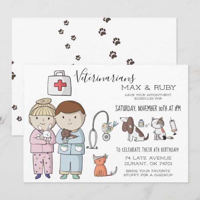 Invitation Fête vétérinaire à thème pour enfants (Devant / Derrière)