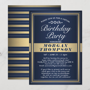 Invitation Fête virtuelle d'anniversaire Bleu marine Or & Bla