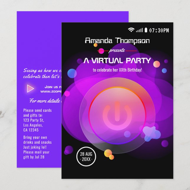 Invitation Fête virtuelle d'anniversaire Glow (Devant / Derrière)