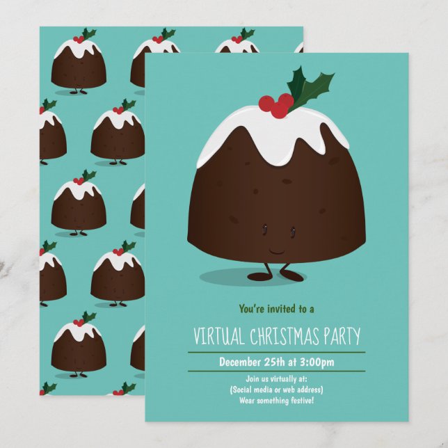 Invitation Fête virtuelle de Noël Pudding Vacances Turquoise  (Devant / Derrière)