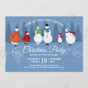 Invitation Fête virtuelle de Noël Snowman Pine Trees