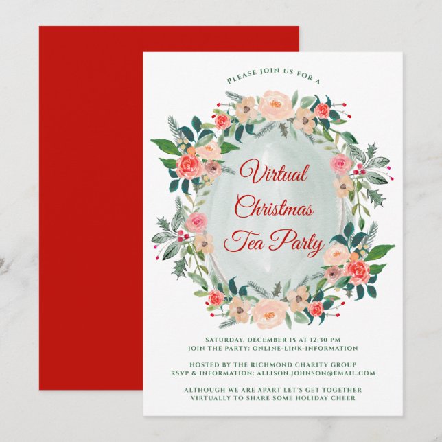 Invitation Fête virtuelle de thé de Noël Flores d'hiver (Devant / Derrière)