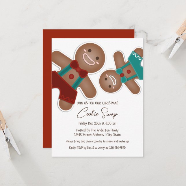 Invitation Fête Whimsical Christmas Gingerbread Cookie Swap (Devant/Arrière en situation)