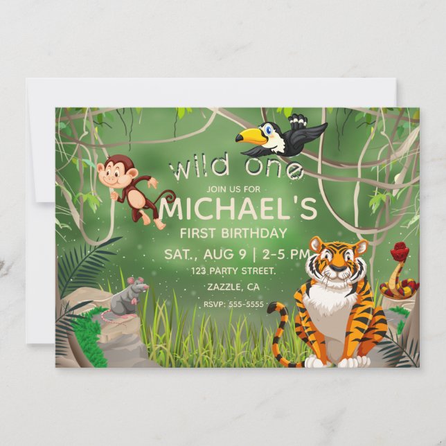Invitation Fête Wild One Anniversaire Jungle Animaux (Devant)