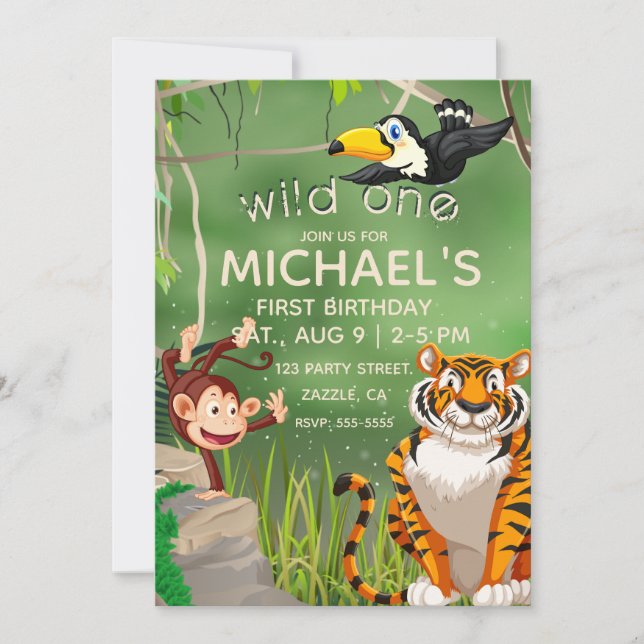 Invitation Fête Wild One Anniversaire Jungle Animaux (Devant)