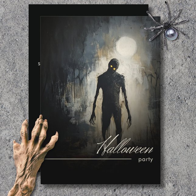 Invitation Fête Zombie Lune Noir & Blanc Halloween (Dark Zombie Moon Black & White Halloween Party Invitation)