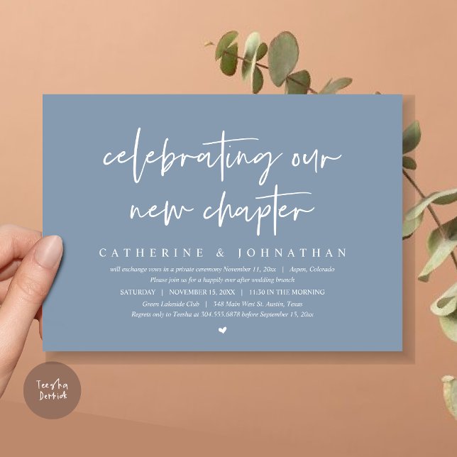 Invitation Fêter Notre Nouveau Chapitre, Elopement Brunch (Celebrating Our New Chapter, Wedding Elopement Brunch Invitation Card, PDF, in Dusty Blue)