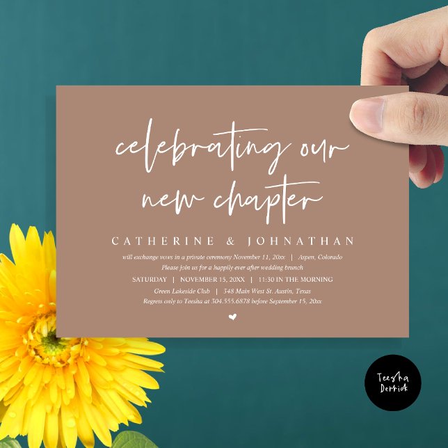 Invitation Fêter Notre Nouveau Chapitre, Elopement Brunch (Celebrating Our New Chapter, Wedding Elopement Brunch Invitation Card, PDF, in Taupe)
