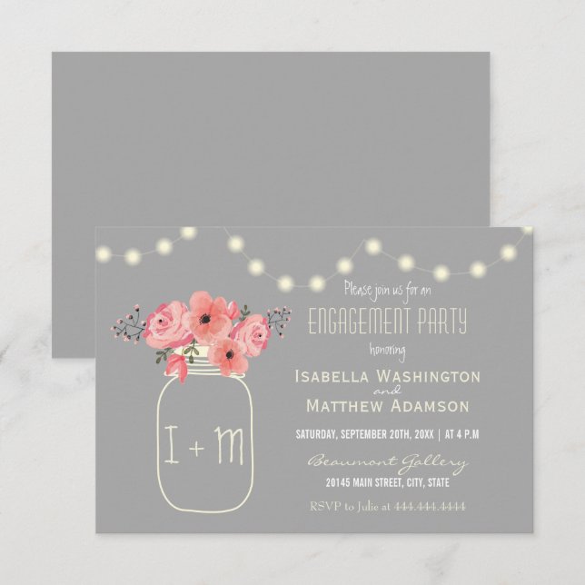 Invitation Fêtes de fiançailles | Fleurs d'aquarelle et jarre (Devant / Derrière)