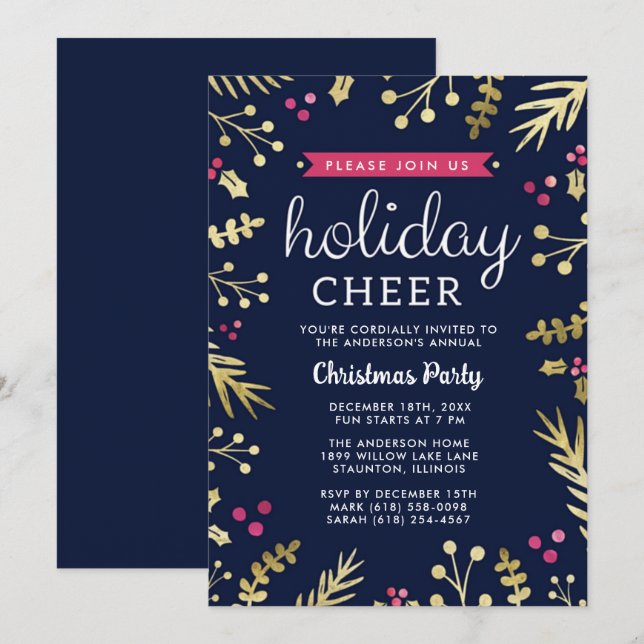 Invitation Fêtes de Noël Soirée bleu marine (Devant / Derrière)