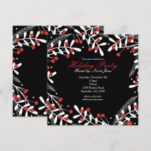 Invitation Fêtes de vacances noires avec baies rouges et feui
