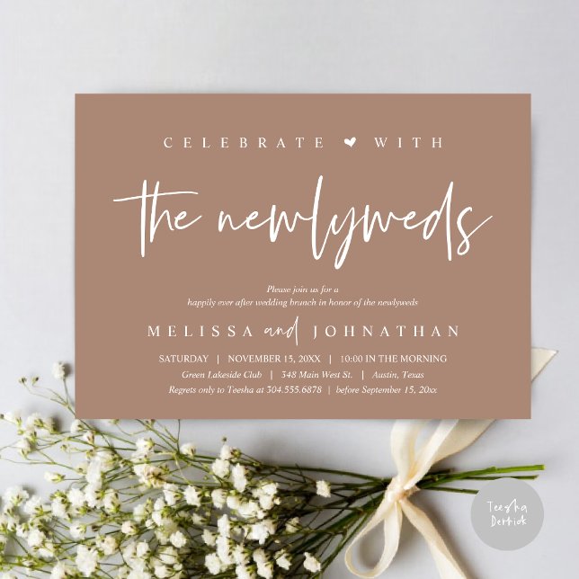 Invitation Fêtez avec les jeunes mariés, Mariage Brunch (Celebrate with the Newlyweds, Wedding Brunch Invitation Card, PDF, in modern neutral taupe brown)