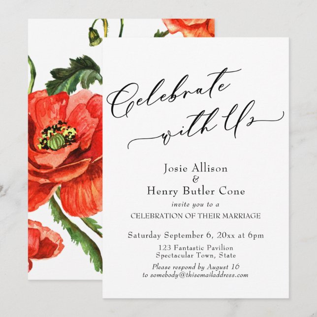 Invitation Fêtez avec nous la réception de mariage, Red Poppi (Devant / Derrière)