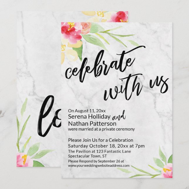 Invitation Fêtez avec nous Marbre doux & Fleurs d'Aquarelle (Devant / Derrière)
