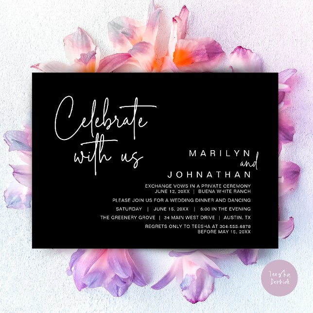 Invitation Fêtez avec nous, Mariage Elopement Dinner Party (Celebrate with us, Modern Wedding Elopement Dinner Lunch Brunch Party Invites Card PDF Classy Black)