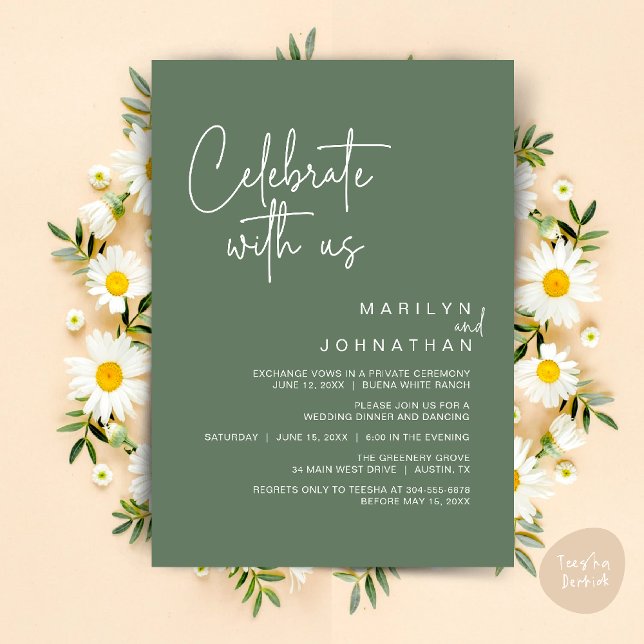 Invitation Fêtez avec nous, Mariage Elopement Dinner Party (Celebrate with us, Modern Wedding Elopement Dinner Lunch Brunch Party Invites Card PDF Sage Green)