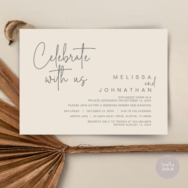 Invitation Fêtez avec nous, Mariage Elopement Dinner Party (Celebrate With Us, Wedding Elopement Dinner Invitation Card, PDF, in Cream Grey)