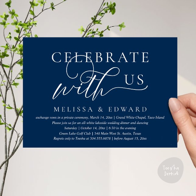 Invitation Fêtez avec nous, Mariage Elopement Dinner Party (Celebrate with us, Wedding Elopement Dinner Party Lunch Brunch Invitation Card PDF Navy Blue)