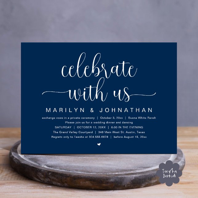 Invitation Fêtez avec nous, Mariage Elopement Dinner Party (Celebrate with us, Wedding Elopement Dinner Party Dancing Invitation Card PDF Navy Blue)