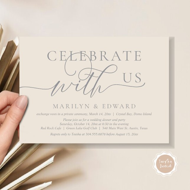 Invitation Fêtez avec nous, Mariage Elopement Party (Celebrate with us, Wedding Elopement Party Invitation Card, PDF, Modern Elegant, in Grey and Cream)