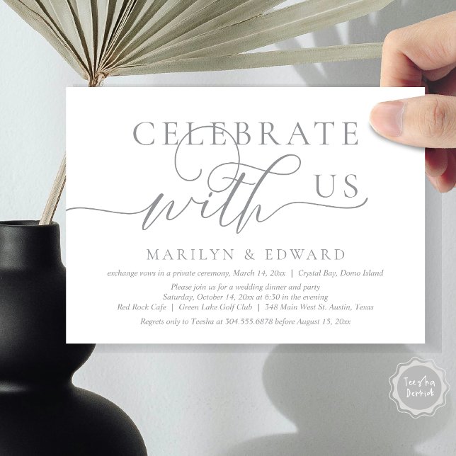 Invitation Fêtez avec nous, Mariage Elopement Party (Celebrate with us, Wedding Elopement Party Invitation Card, PDF, Modern Elegant, in Dark Grey)