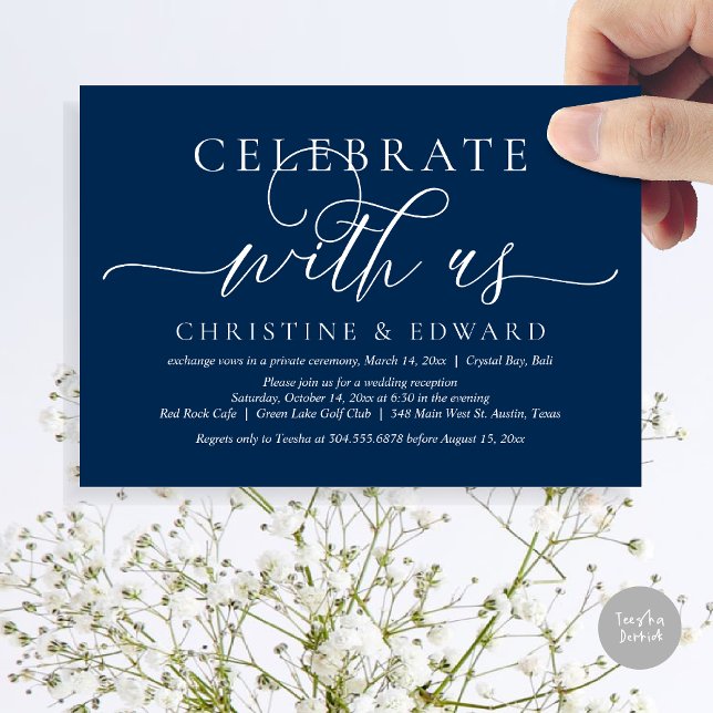 Invitation Fêtez avec nous, Mariage Elopement Party Invitat (Celebrate with us, Romantic Modern Wedding Elopement Invitation Card, PDF, in Navy Blue)
