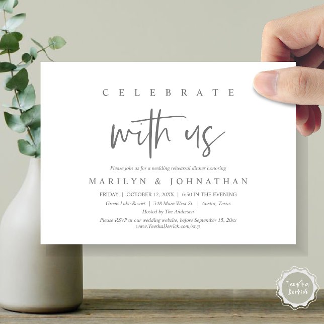 Invitation Fêtez Avec Nous, Mariage Rehearsal Party (Celebrate with us, Wedding Rehearsal Dinner Party Invitation Card, PDF, Modern Casual, Dark Grey)
