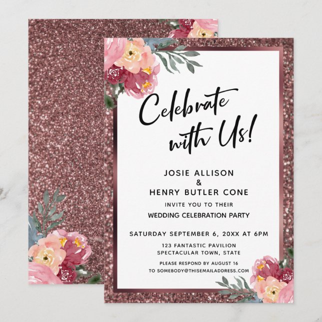 Invitation Fêtez Avec Nous ! Parties scintillant et fleurs en (Devant / Derrière)