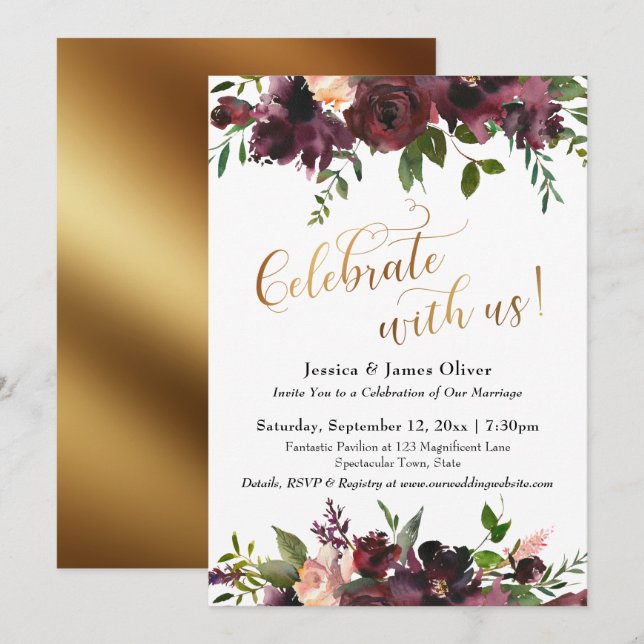 Invitation Fêtez avec nous ! Rouge foncé Bourgogne Floral & O (Devant / Derrière)