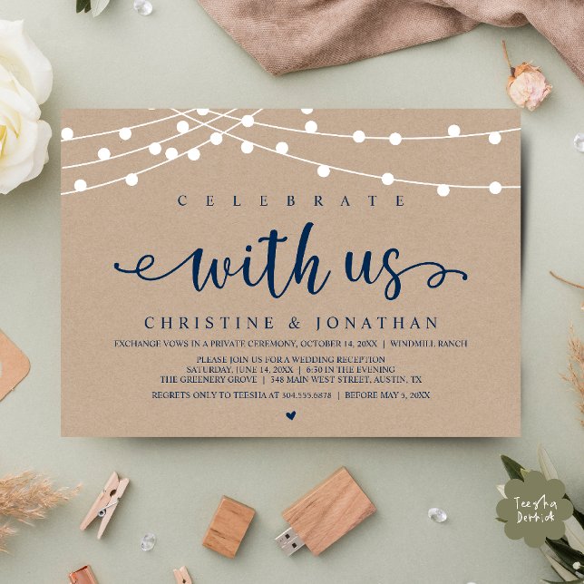 Invitation Fêtez avec nous Rustic Farm Mariage String Light (Celebrate with us Rustic Farm Wedding String Light Invitation Card, PDF, Navy Blue with little heart)