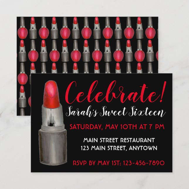 Invitation Fêtez ! Sweet sixteen Anniversaire Lipstick maquil (Devant / Derrière)