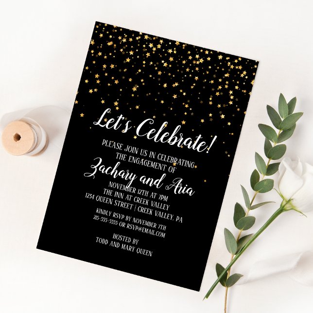Invitation Fêtons la Confetti d'or sur le Fiançailles noir (Créateur téléchargé)