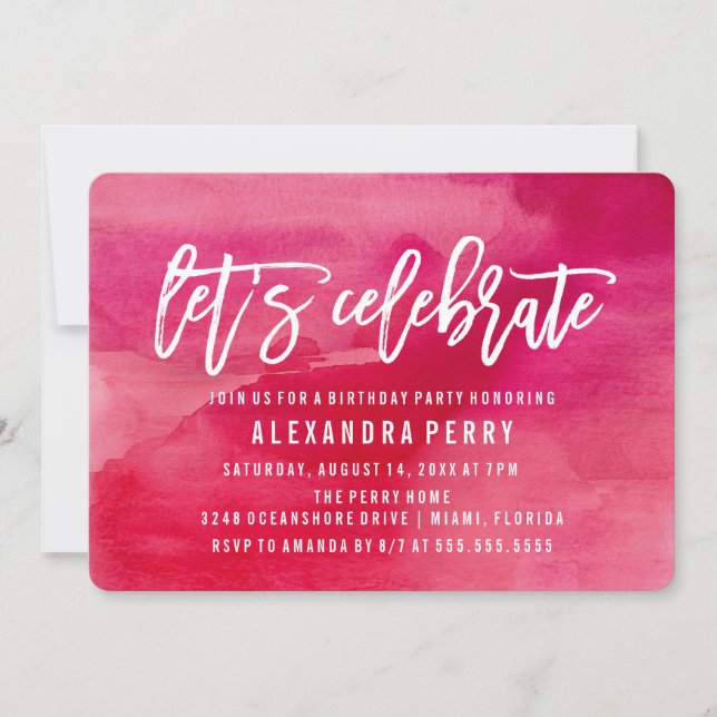 Invitation Fêtons la fête d'anniversaire | Aquarelle rose (Devant)