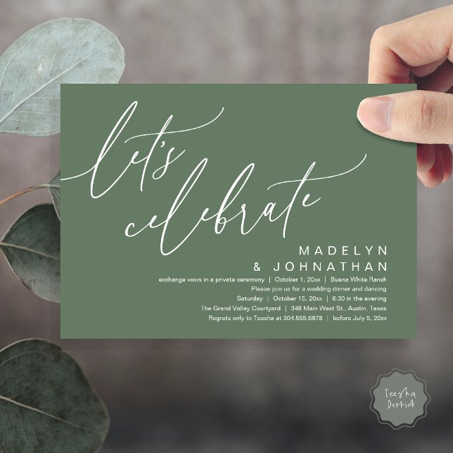 Invitation Fêtons la fête du Mariage romantique (Let's Celebrate, Romantic Charm Wedding Elopement Dinner Party Brunch Invites Card PDF Sage Green)