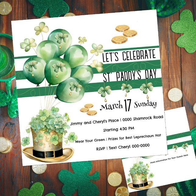 Invitation Fêtons la Saint Paddy's Day (Cute leprechaun Irish top hat in gold with party balloons covered in shamrocks customizable invites)