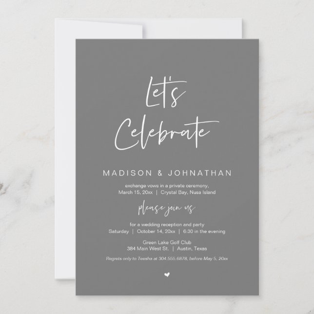 Invitation Fêtons, Navy Blue, Mariage Elopement Party (Devant)