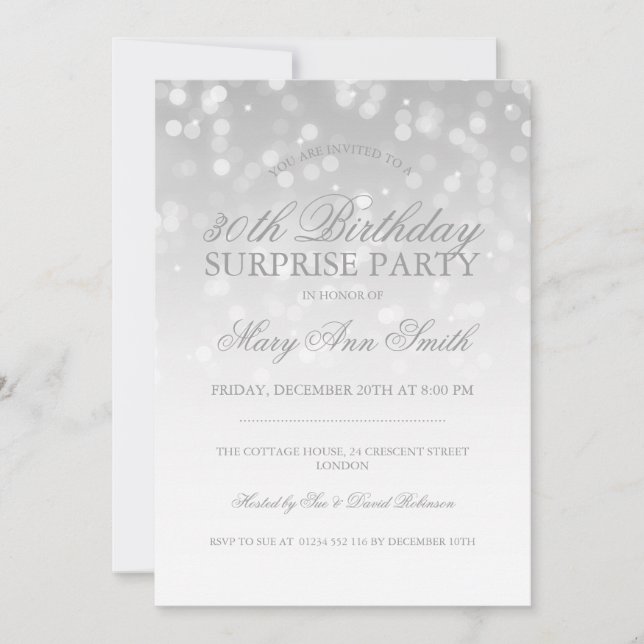 Invitation Feu d'anniversaire de surprise Silver Bokeh Sparkl (Devant)