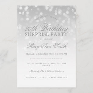 Invitation Feu d'anniversaire de surprise Silver Bokeh Sparkl