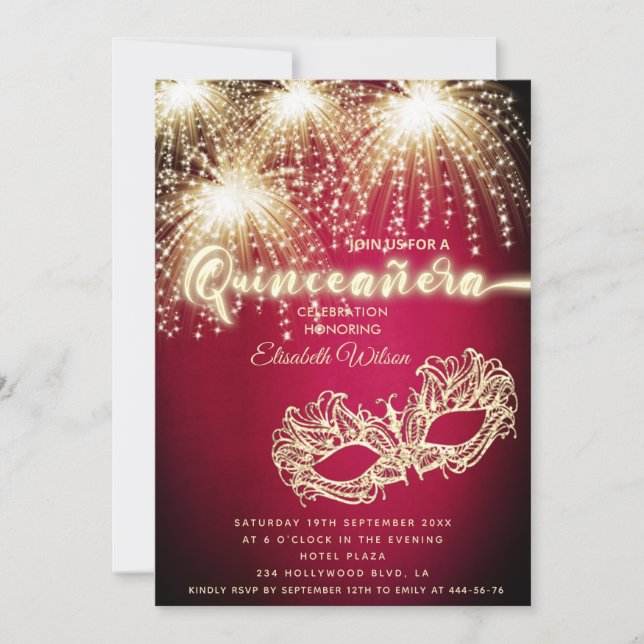 Invitation Feu d'artifice de luxe Mascarade Quinceañera (Devant)