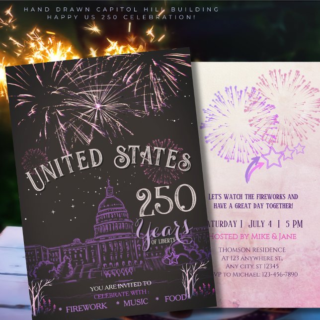 Invitation Feu d'artifice élégant États-Unis 250 ans Violet C (Elegant US 250 Years Firework Purple Capitol Hill Invitation)