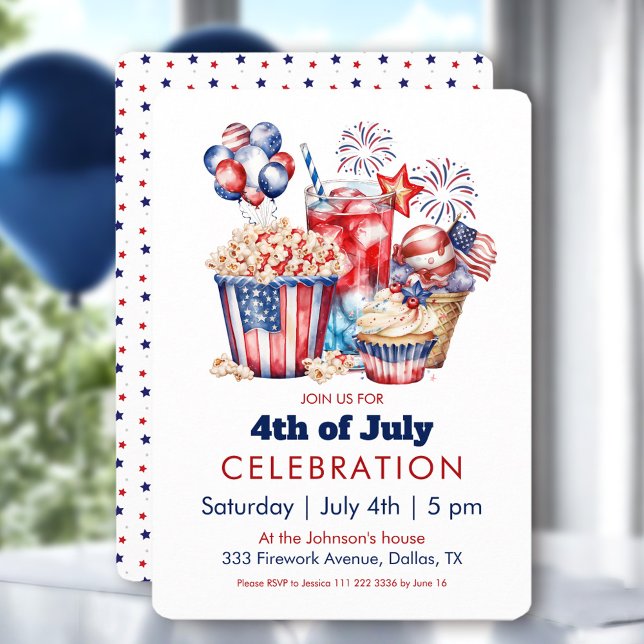 Invitation Feu d'artifice et sucreries patriotiques 4 juillet (Patriotic Sweets & Fireworks 4th of July Party Invitation)