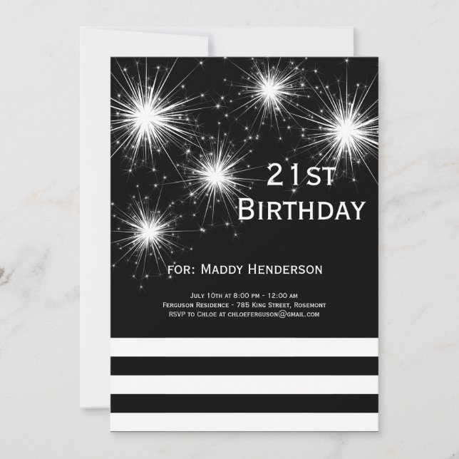 Invitation Feu d'artifice noir et blanc 21e anniversaire Invi (Devant)