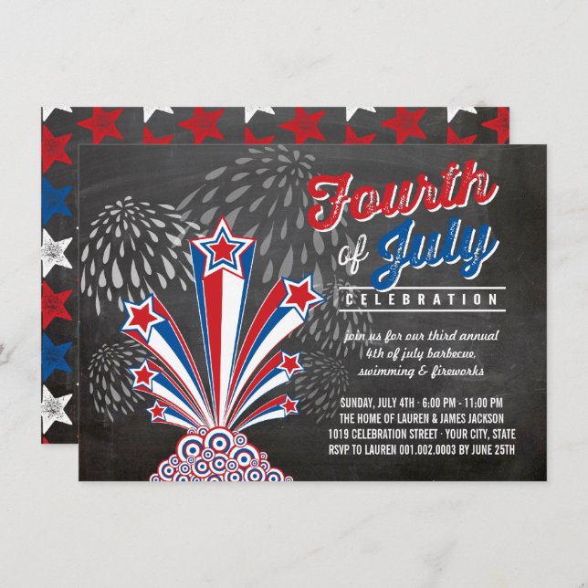 Invitation Feu d'artifice patriotique 4 juillet Rustique BBQ  (Devant / Derrière)