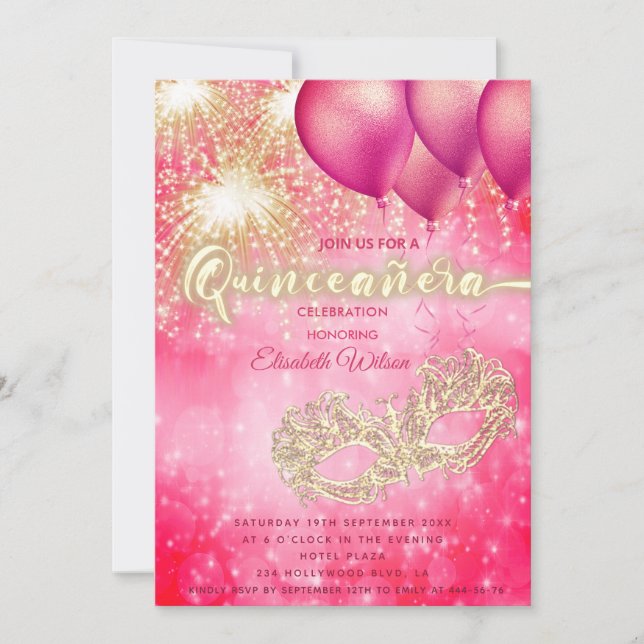 Invitation Feu de ballon mascarade rose Quinceañera (Devant)