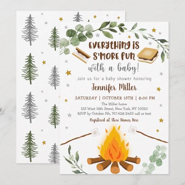 Invitation Feu de camp S'mores Baby shower de verdure (Devant / Derrière)