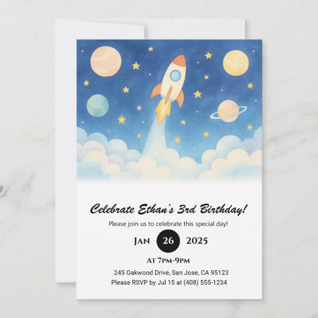 Invitation Feu de fusée et Galaxie étoilée Anniversaire (Devant)