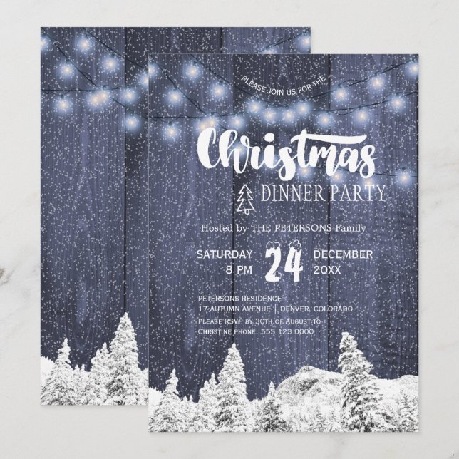 Invitation Feu de Noël blanc bleu rustique (Devant / Derrière)