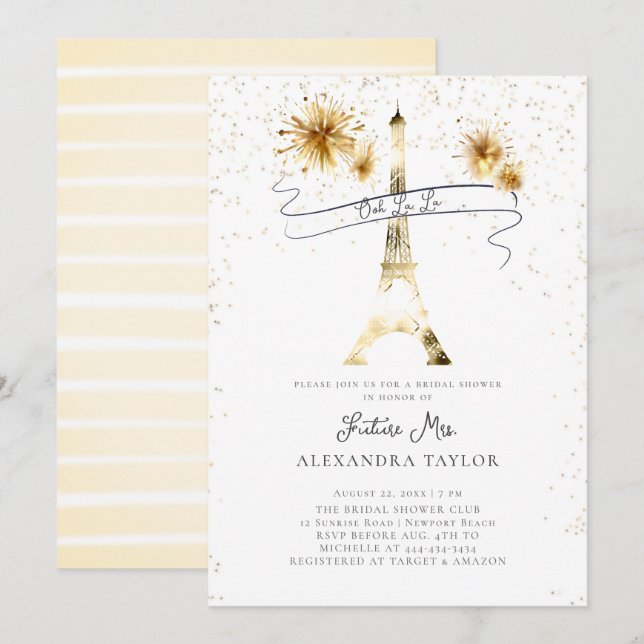 Invitation Feu d'or moderne Eiffel Paris Fête des mariées (Devant / Derrière)