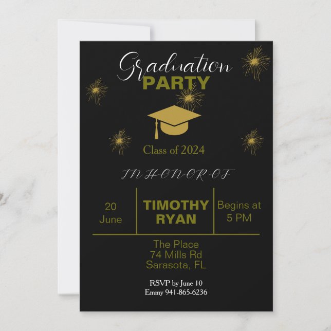 Invitation Feu d'or noir Parti de graduation moderne (Devant)